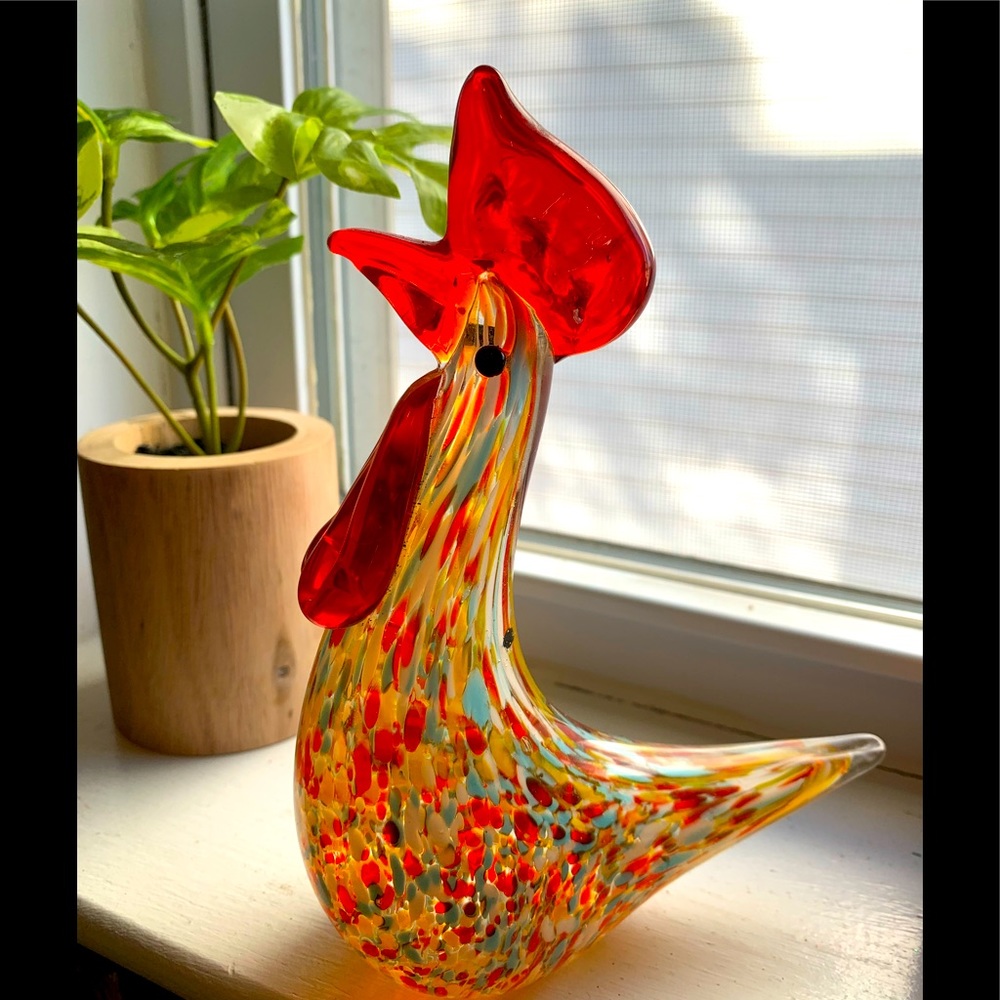 Stunning Speckled Glass Rooster🐓Chicken Red Blue Yellow Clear Glass!🐓